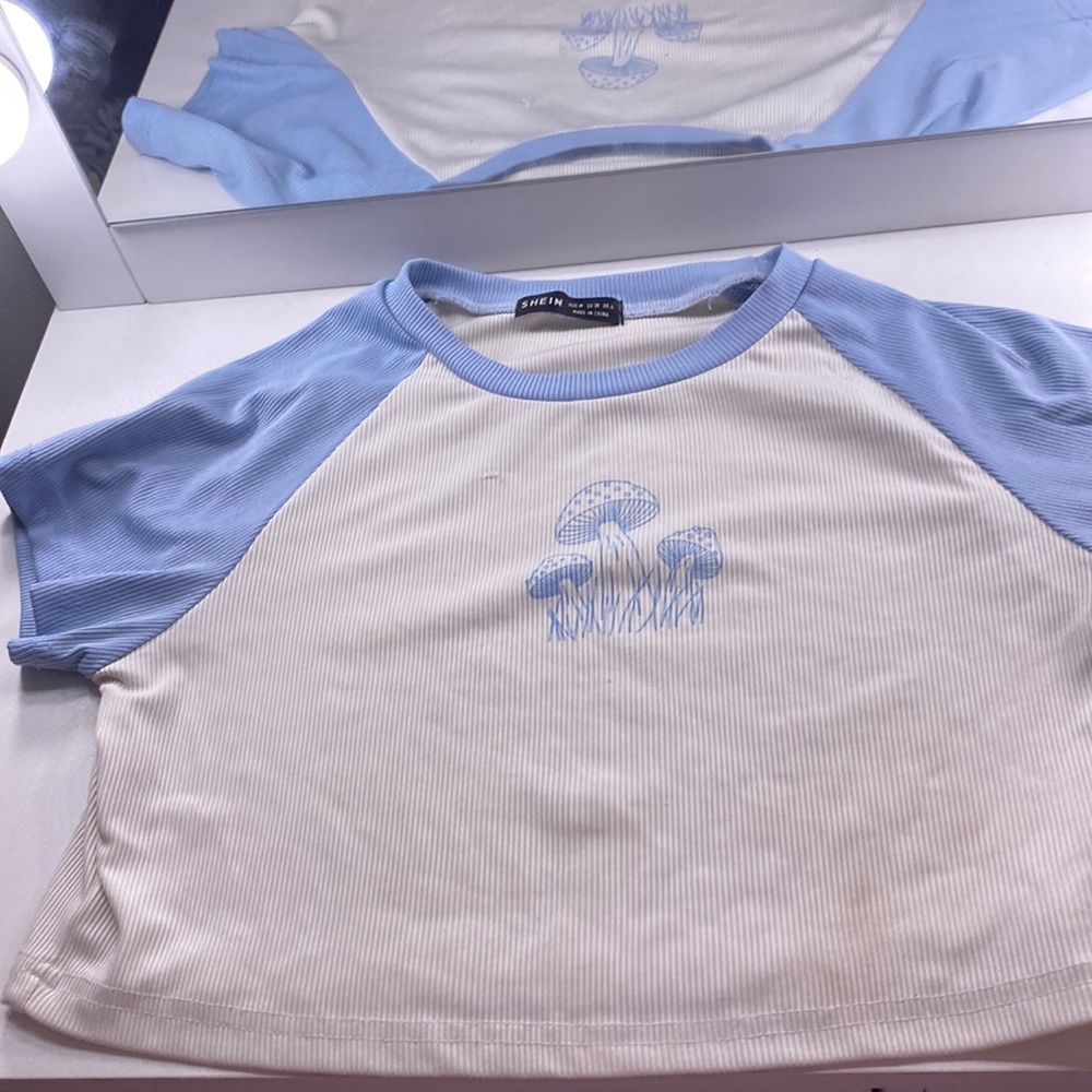 Blue and white mushroom crop top from shein